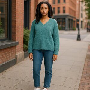 Fuzzy Knit Aqua Blue green Long Sleeve Soft V-Neck Sweater Sz Small by PINK ROSE